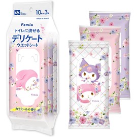 Femia Flushable Delicate Wet Wipes, 10 Sheets x 3 Packs (My Melody & Kuromi), Chamomile Fragrance