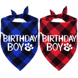 STMK 2 Pack Dog Birthday Bandana Boy Plaid Triangle Scarf for Dog Puppy Birthday