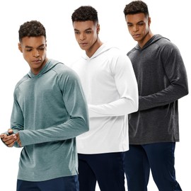 MIER Men's Long Sleeve Sun Protection Hoodie Quick Dry UV Hooded Shirts for Running Fishing Workout, 3 Pack, Haze Blue & Dark Grey & White, L