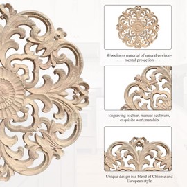 Keboyoe Pack of 2 Round Wood Carving Ornaments, Carving Ornaments, Applique Wood Applique Ornament, Unfinished Round Wooden Ornament for Furniture, Cabinet, Door, Window, Wall Decoration, 20 cm