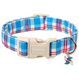 DOGWONG Blue Plaid Dog Collar- Cute Checkered Dog Collars Adjustable Designer Blue Puppy Dog Collar for Small Medium Large Dogs S