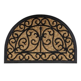 Arabesque Half Circle Door Mat 24x16 Inch – Black Rubber Scrollwork with Natural Coir – Non-Slip Entry Rug for Indoor/Outdoor Use – Heavy Duty, Easy to Clean, Decorative Welcome Mat