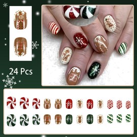 24 Pcs Christmas Press on Nails Short Oval Winter Snowflakes Fake Nails with Glitter Designs Xmas Gingerbread Man False Nails Red Green Stripe Glue on Nails Holiday Acrylic Nails for Women Girl