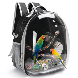 Bird Backpack Carrier, Travel Bird Cage for Small Medium Size Parrot Parakeet Budgies Cockatiel, Portable Clear Bubble Window Bag with Stainless Steel Tray Food Bolw Standing Perch (Black)