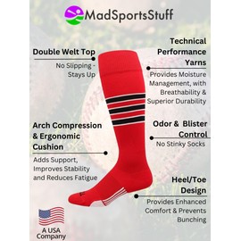 MadSportsStuff Dugout 3 Stripe Baseball Socks (Scarlet/Black/White, Small)