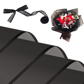 Kosotody Kosotody 20 Sheets Frosted Flower Wrapping Paper Black Line Waterproof Florist Bouquet with Ribbon for Bouquets DIY Crafts Packaging Bouquet, 22.8x22.8 inch (Black)