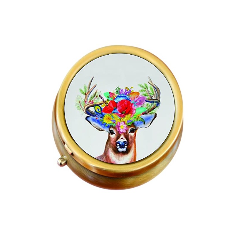 Deer Flowers Antlers Brass Pill Box