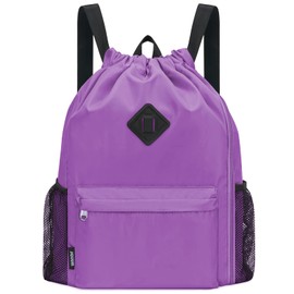 WANDF Drawstring Backpack Sports Bag with Shoe Compartment Water Resistant String Backpack Cinch for Women Men, Purple Large, Sporty