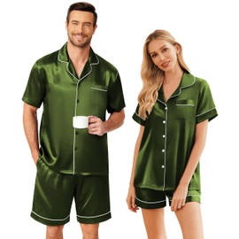 Ekouaer Satin Matching Pajamas Sets Couple Silk Button Down Sleepwear Women & Men Short Sleeve Pjs Lounge Set Dark Army Green,M
