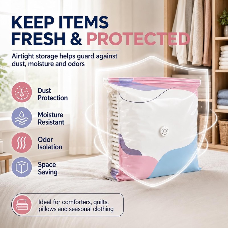 No-Pump Vacuum Storage Bags, Press & Seal Compression Bags, Space