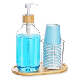 Mouthwash Dispenser with Cup Holder, Plastic Mouth Wash Pump Bottle with Tray for Bathroom Organizers, 17oz Refillable Clear Mouthwash Container - Bamboo