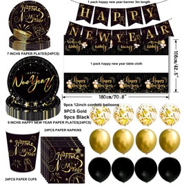 ZYDNANYANG New Year's Eve Party Decoration Reusable Tableware Set, Happy New Year 2025, 24 Guests Parties Tableware, Graduation Paper, New Year Decoration 2025