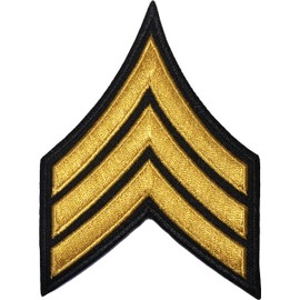 U.S. Army Sergeant E-5 Stripe Army Uniform Chevron Rank Sew on Iron on Arm Shoulder Embroidered Applique Patch - Gold on Black - by Ranger Return (RR-IRON-E5-BKGL)