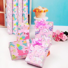 Djenpinex Pink dinosaur wrapping paper unicorn wrapping paper Happy Birthday Wrapping Paper for Girls Birthday and Holiday Gift Wrap Baby Shower 2 styles 6 Sheets 30x20 inches per sheet