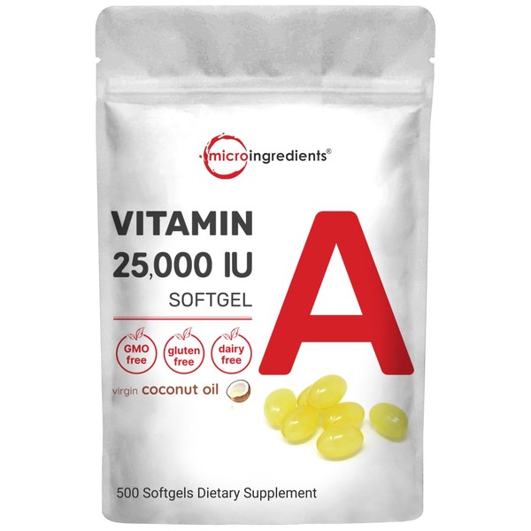 Micro Ingredients Maximum Strength Vitamin A 25000 IU | 500 Softgels with Coconut Oil for Better Absorption | Essential Vitamins for Vision, Growth, & Reproduction | Non-GMO, Easy to Swallow