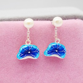 Uloveido Peacock Blue Cloisonné Enamel Boho Unique Simulated Pearl Earrings Lotus Leaf Flower Dangling Drop Earrings White Gold Plated CQ252-Silver