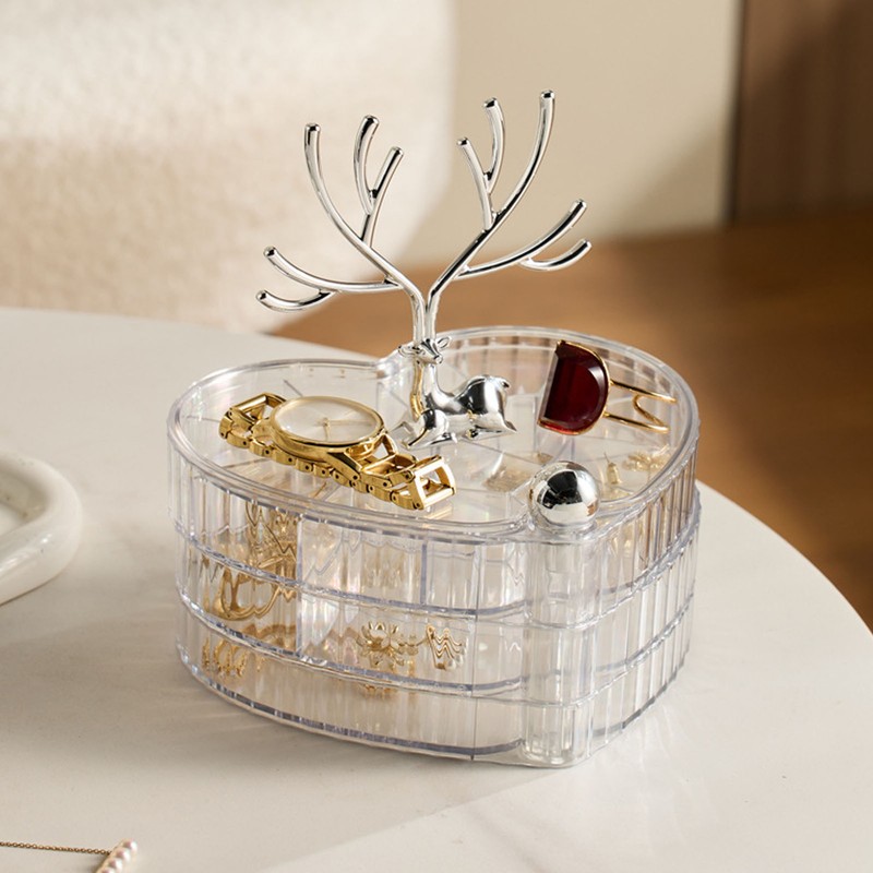 Rotating Jewelry Box with Lid Deer Antler Decoration 3 Layer