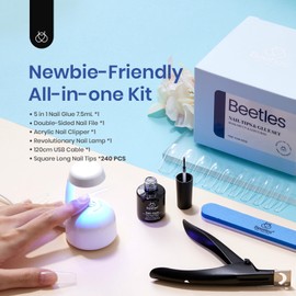Beetles Gel Nail Kit Easy Extension Set, Long Square Pre Shaped 240 Pcs Clear False Acrylic Nails Tips with 5 In 1 Nail Glue Innovative UV Led Lamp DIY Manicure Salon at Home