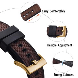 PTFULUOS Premium Upgrades Soft Hybrid (Fkm/Fpm Rubber and Sailcloth) Watch Bands for Men,20mm 22mm Waterproof Quick Release Replacement Watch Straps,Silver/Black/Gold/Rose Gold Brushed Buckle (22mm, Black Brown+Gold Buckle)