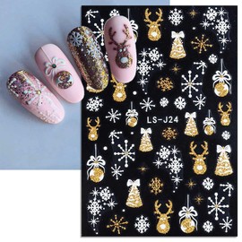 6Pcs Glitter Gold Nail Stickers,Christmas Nail Art Stickers 3D Self-Adhesive Christmas Tree Xmas Ball Striped Deer Pattern Winter Decoration Snowflake Stickers DIY Reindeer Nail Art Supplies for Women