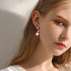 IUITY Dangle Drop Earrings for Women Hypoallergenic, 14K Rose Gold Pink Cubic Zirconia Leverback Earrings Lightweight Heart-cut Diamond Drop Earrings Jewelry Gift for Wedding Birthday, 8mm