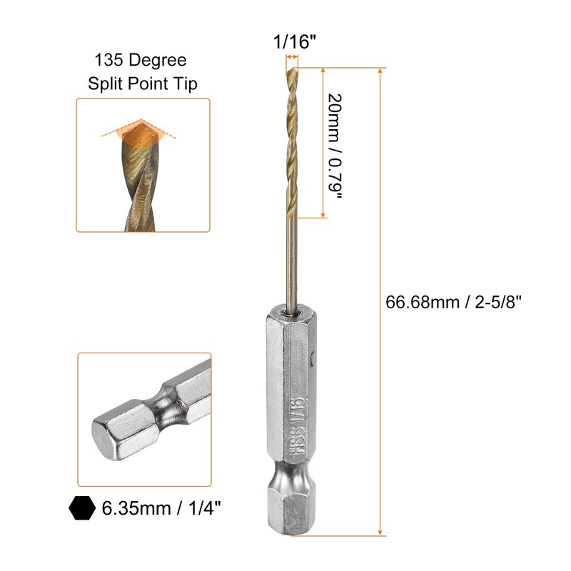 sourcing map 10pcs 1/4" Hex Shank Drill Bit 1/16" Gold