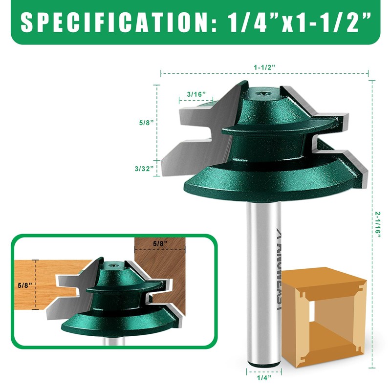 Knoweasy 45 Degree Lock Miter Router Bit Set with 1/4