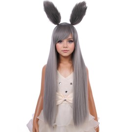 PATTNIUM Silver Grey Wig for Kids Child Long Straight Gray Wig with Detachable Ears Girls Grey Long Synthetic Wigs