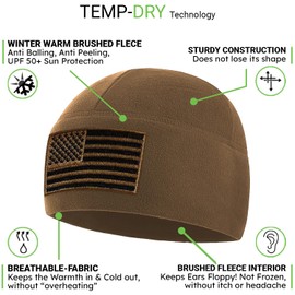 Temple Tape Tactical Beanie Hat - American Flag Fleece Winter Watch Cap - Multi Season Military Hats for Men - Mens Army Beanies - 2 Pack Includes Black & Coyote Brown - One Size