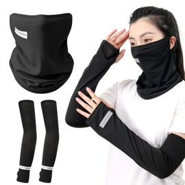 Coollooda Arm Cover, Face Cover, 2 Pieces, Arm Sleeve, Arm Cover, With Finger Holes, Ear Hooks, UV Protection, Cooling Sensation, Stretchable, Breathable, Sweat Absorbent, Quick Drying, Antibacterial