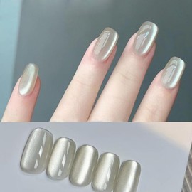 30 PCS Press on Nails - Short Coffin Fake Nails with White Crystal Acrylic Gloss, Glitter Designs, Clear White Summer Stick on Nails for Women & Girls