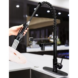 Kitchen Sink Faucet,Black Kitchen Faucet with Sprayer,Kitchen Faucet with Pull Down Sprayer,Serimer Commercial Solid Brass Spring Kitchen Faucets with Deck Plate,Modern Kitchen Faucet Matte Black