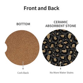GACCAP Car Coasters for Cup Holders, 2 Pack Absorbent Ceramics Anti Slip Universal 2.56 Inch Car Cup Coaster for Women Men, Car Interior Accessories - Black Gold Leopard Cheetah Print
