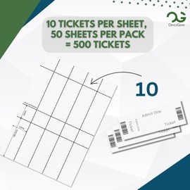 OfficeGear Event Tickets with stub 10-up [50 Sheets - 500 Pack] Perforated Printable A4 Card with 10 Tickets/Sheet 148.5 x 42mm for Event Tickets, Raffle, Concert, Admission Incl Free Design Template