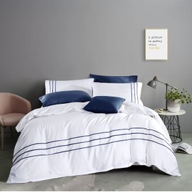 MengBoo Karen Duvet Cover Set 3 pcs(1 Duvet Cover+2 Pillowcases) 100% Cotton Sateen White Background with Navy Stripe Zipper Closure(White Navy,King)