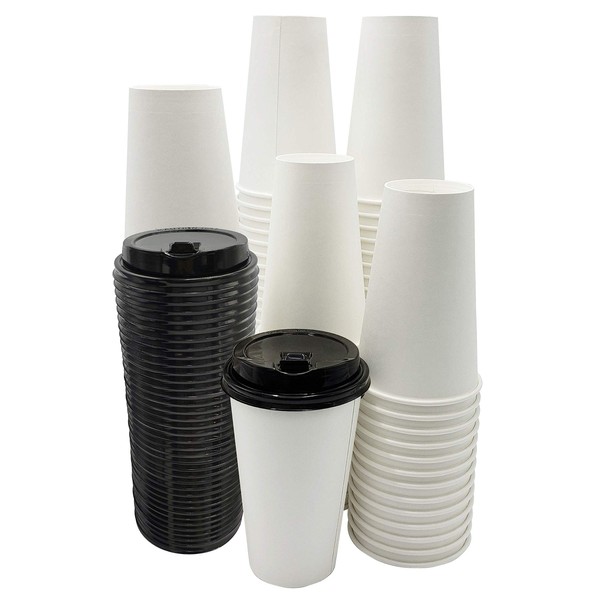 Neverwashadish Disposable Paper Coffee Hot Cups with Lids for Serving Hot Drinks at Kiosks, Shops, Cafes, and Concession Stands - 16 Oz - Pack of 100