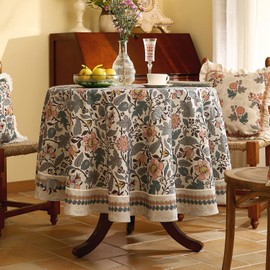 ISAENNE Floral Tablecloth for Round Tables,Linen Table Cloth with Gray-Green Tone and Silver Lotus Pattern,Heavy Durable Table Cover for Dining Kitchen Decor Party Christmas,Diameter 67"