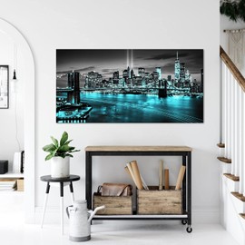 Conipit New York City Canvas Wall Art Black White Brooklyn Bridge Pictures Teal NYC Skyline Cityscape Artwork for Living Room Bedroom Modern Home Decor Framed 24''x48'' (Teal)