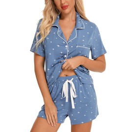 Women's Button Up Pajama Set Short Sleeve Sleepwear Soft Pjs Lake Blue Stars S