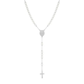 MILAKOO Rosary Beads Catholic Necklace for Women Men Pearl Cross Y Pendant Chain with Stainless Steel Crucifix and Jesus Card, Stainless Steel, No Gemstone