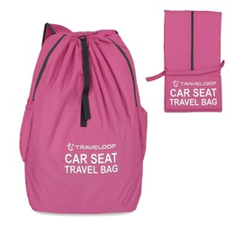 TRAVELOOP Car Seat Travel Bag for Airplane – Double-Closure Gate Check Bag for Car Seats with Padded Shoulder Straps, Rubberized Carrying Handle & Storage Pouch – 18x18x34in (Pink)