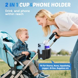 Guiseapue Cup Holder for Walker, Stroller Cup Holder Attachment with Phone Holder, Wheelchair/Stroller Accessories for Uppababy, Nuna, Doona, Rollator, Bike, Scooter, Baby Travel Essential
