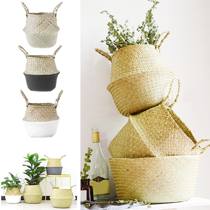 Foldable Storage Baskets Laundry Straw Patchwork Home Seagrass Belly Garden