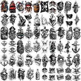 77 Sheets Pirate Temporary Tattoo for Women Men, 17 Sheets Half Arm Captain Skull Compass Fake Tattoos, 60 Sheets Pirate Anchor Sword Flag Realistic Tiny for Adult Kids Body Tattoos Stickers