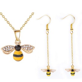 ALUOR Tiny Cute Gold Bee Pendant Necklace and Earrings Jewelry Set, Fashion Charm Crystal Rhinestone Enamel Honeybee Bumble Bee Pendant Jewelry Women (Yellow)