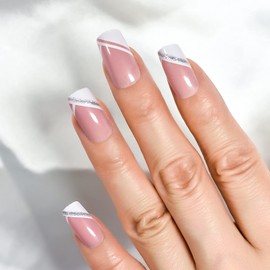 iMABC Long Square Press on Nails White Line French Fake Nail Full Cover False Nails Pre-design Manicure for Girls Ladies Party Dating 24pcs, Medium