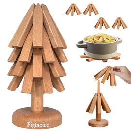 Figtacico Wooden Tree Trivets for Hot Dishes - Wood Tree Coasters Set of 4 for Hot Pots and Pans, Stackable and Collapsible Table Insulation Pads Heat Resistant for Kitchen Counter