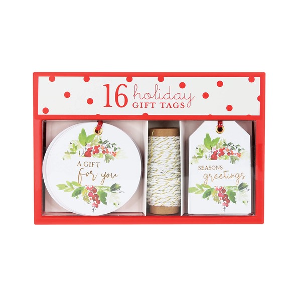 Graphique Holly and Berries Duo Gift Tags (16 Tags, Vertical are 2"x 3", Round are 3"x3") – Includes Bakers Twine, Embellished in Gold Foil, Perfect for Personalizing Gift Bags and Seasonal Favors