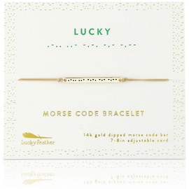 Lucky Feather Morse Code Bracelets for Women - 14K Gold Dipped Bar with Secret Message Engraved on Adjustable 7" - 8" Cord - Friendship Bracelet Gift for Her (Lucky)