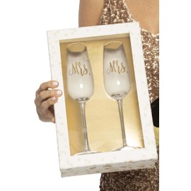 Crystal Wedding Champagne Flutes with Gift Box - Mrs. & Mrs. Wedding Glasses - Lesbian Wedding Toasting Glasses (Mrs. & Mrs.)